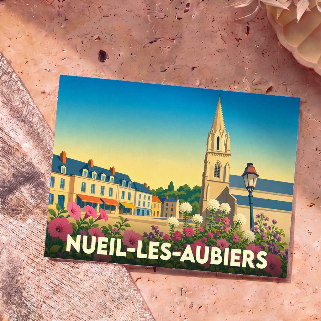 Carte postale souvenir de la ville de Nueil-les-Aubiers avec une illustration colorée et stylisée de son église et de ses façades.