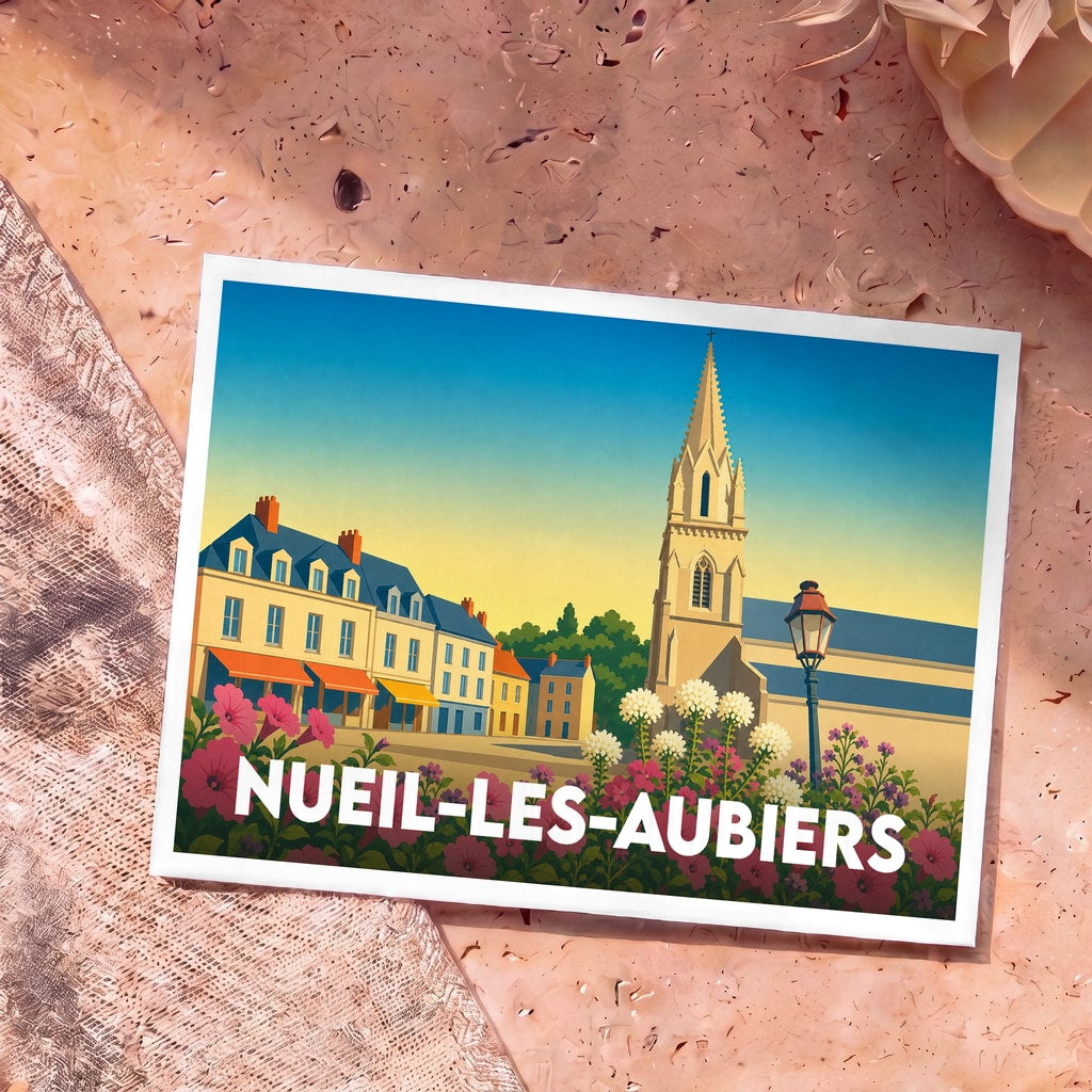 Carte postale souvenir de la ville de Nueil-les-Aubiers avec une illustration stylisée.