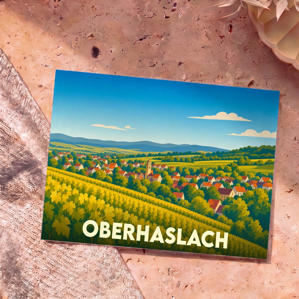 Carte postale souvenir de la ville d'Oberhaslach avec une illustration stylisée de ses vignobles et de son village.