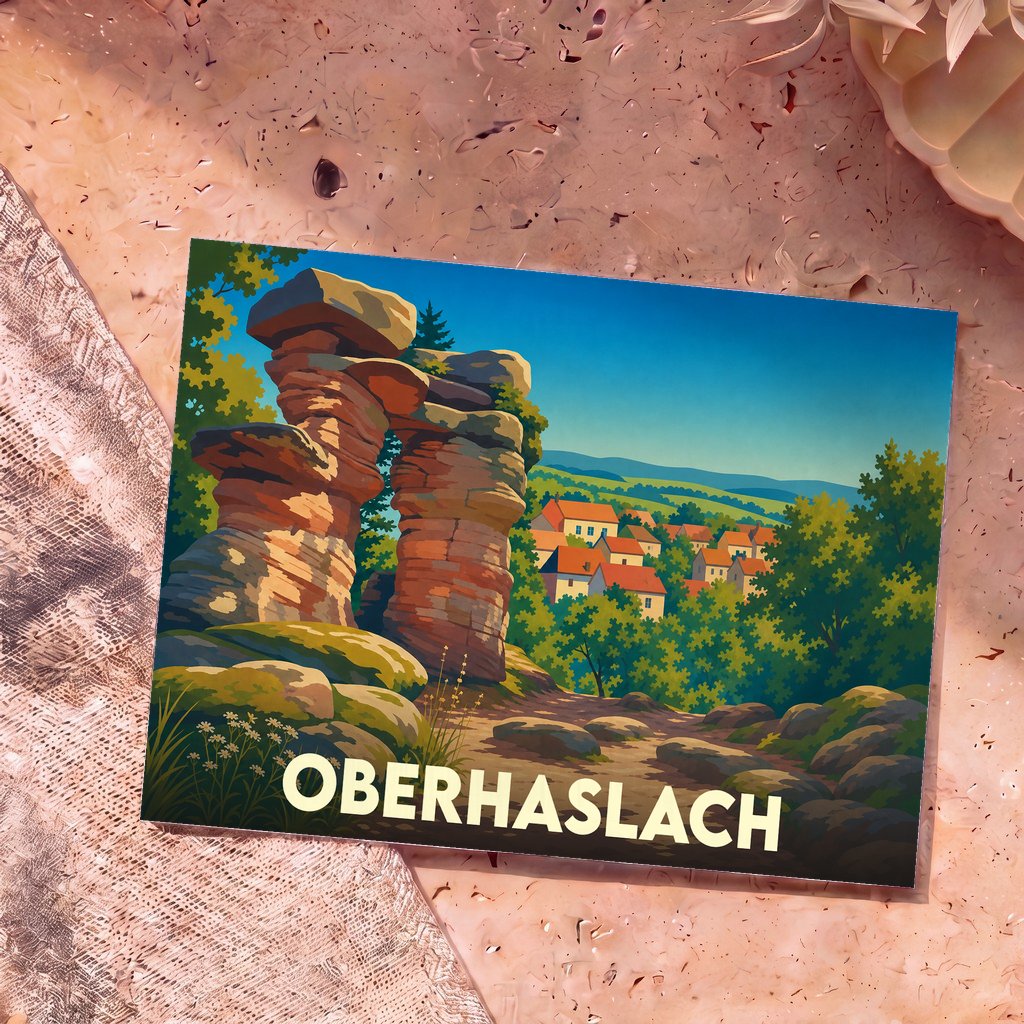 Carte postale souvenir de la ville d'Oberhaslach illustrée d'une arche rocheuse surplombant un village.