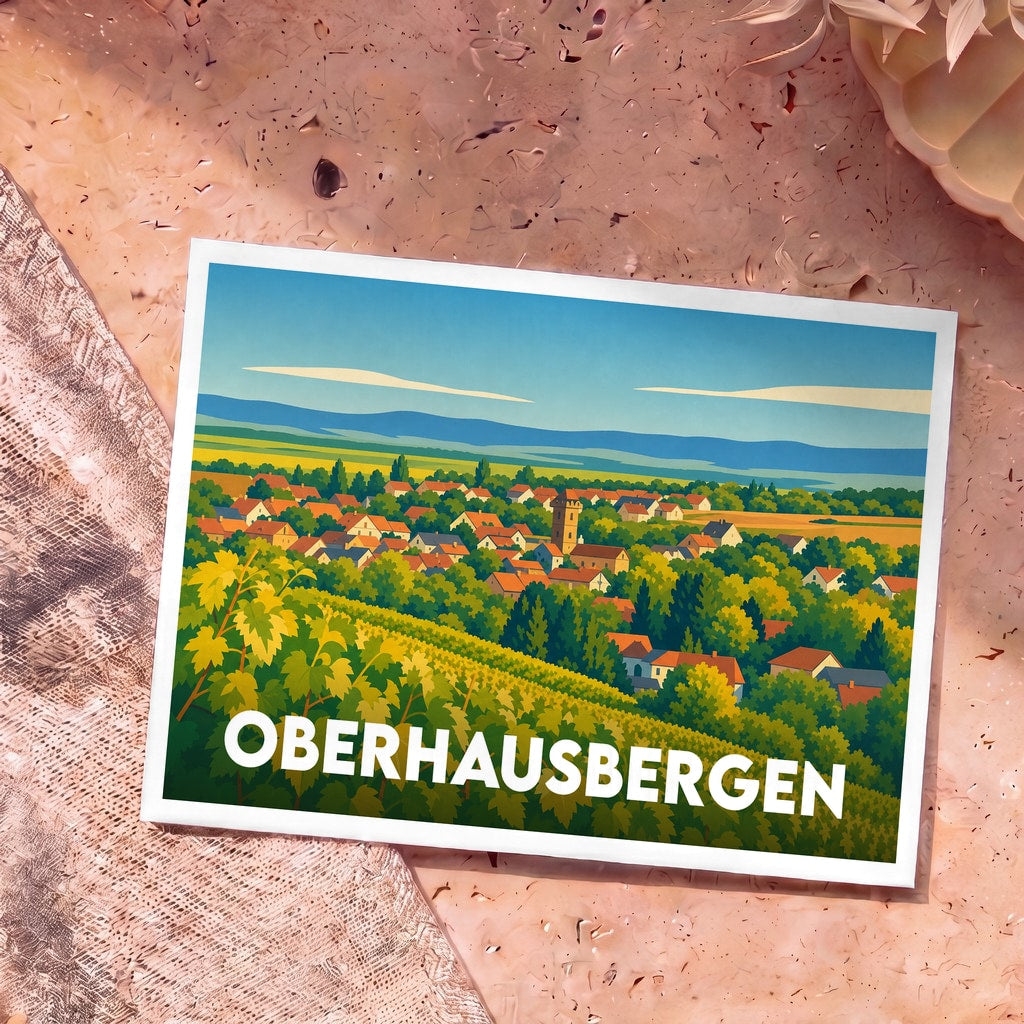 Carte postale souvenir de la ville d'Oberhausbergen avec une illustration stylisée d'un paysage de vignobles et de maisons.