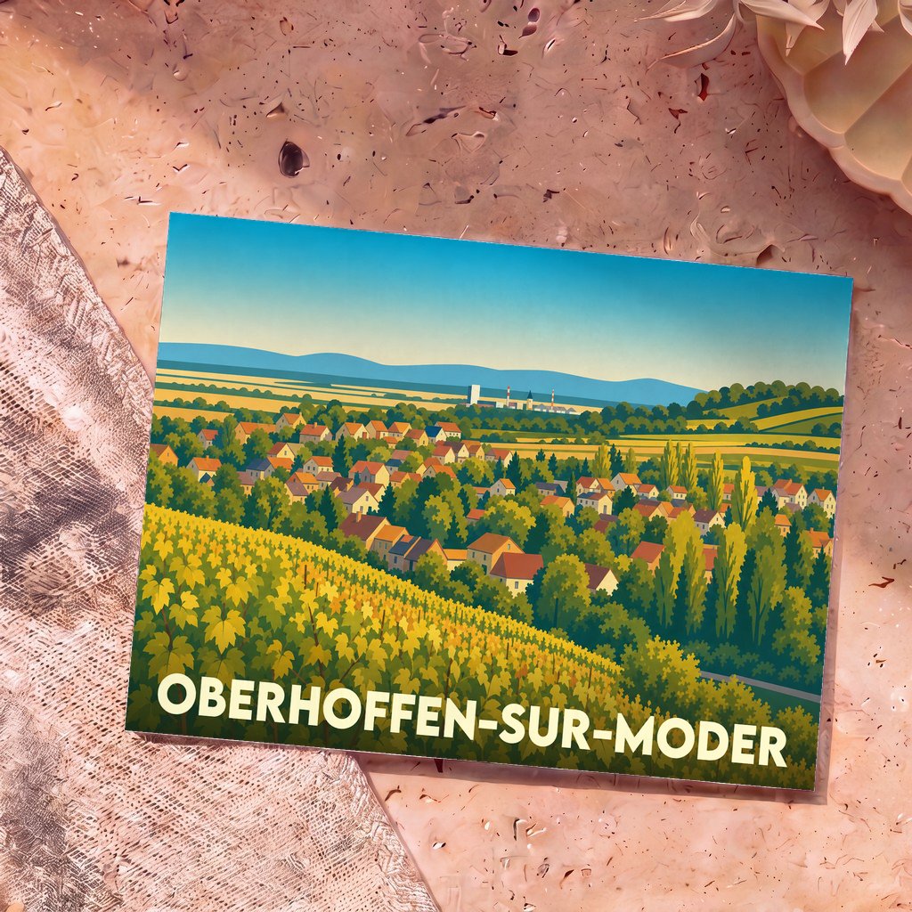 Carte postale souvenir de la ville d'Oberhoffen-sur-Moder avec une illustration stylisée d'un paysage de vignobles et de maisons.