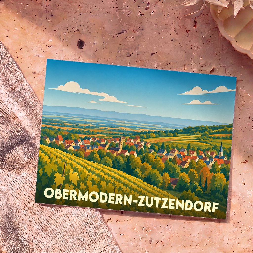 Carte postale souvenir de la ville d'Obermodern-Zutzendorf avec une illustration stylisée de paysages alsaciens.
