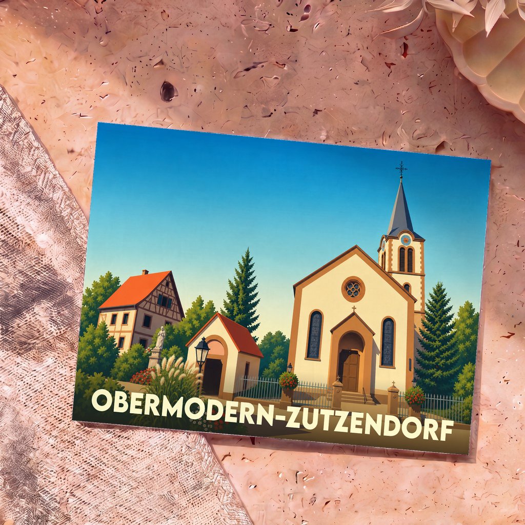 Carte postale souvenir de la ville d'Obermodern-Zutzendorf avec une illustration stylisée d'une église alsacienne.