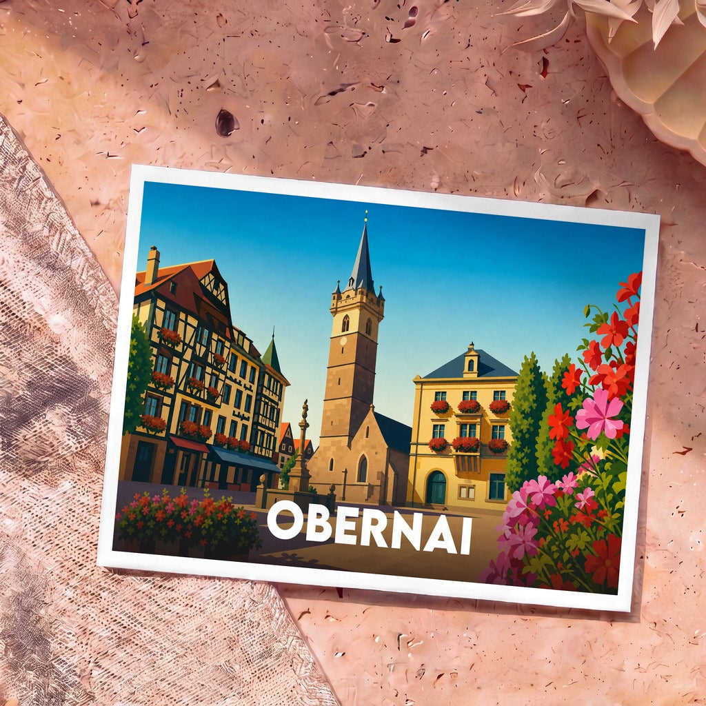 Carte postale souvenir de la ville d'Obernai avec une illustration stylisée de son architecture traditionnelle alsacienne.
