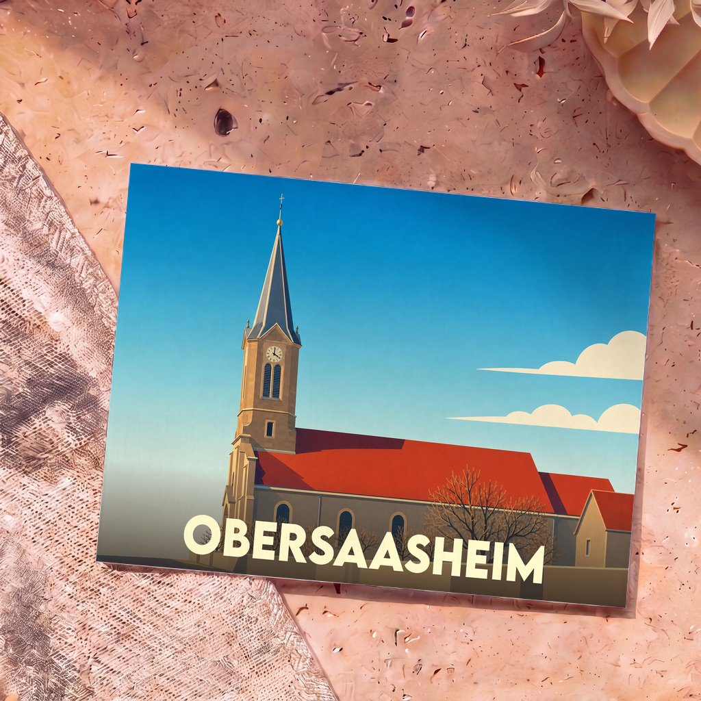 Carte postale souvenir de la ville d'Obersaasheim avec une illustration stylisée de son église au clocher pointu.