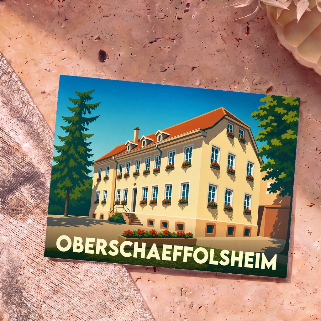 Carte postale souvenir de la ville de Oberschaeffolsheim avec une illustration stylisée d'un bâtiment traditionnel alsacien.