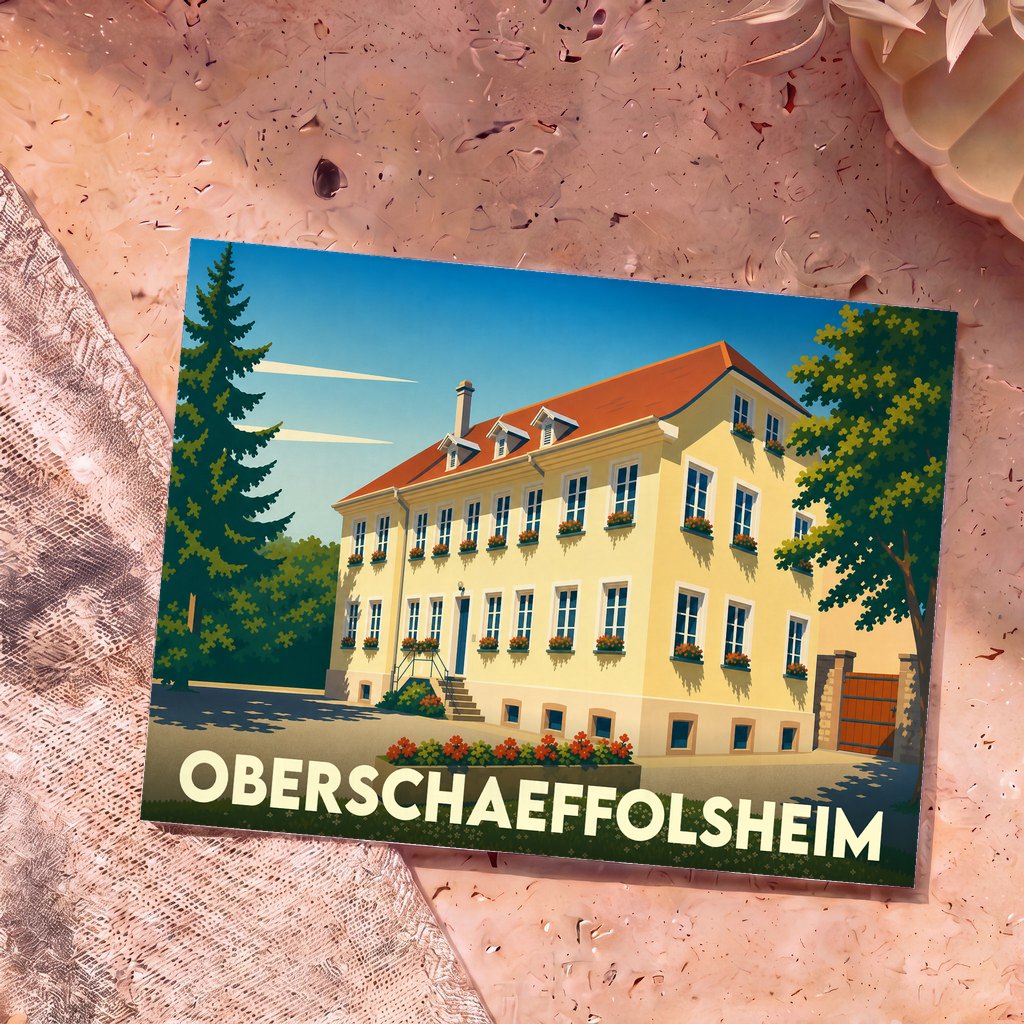 Carte postale souvenir de la ville d'Oberschaeffolsheim avec une illustration stylisée d'un bâtiment traditionnel alsacien.