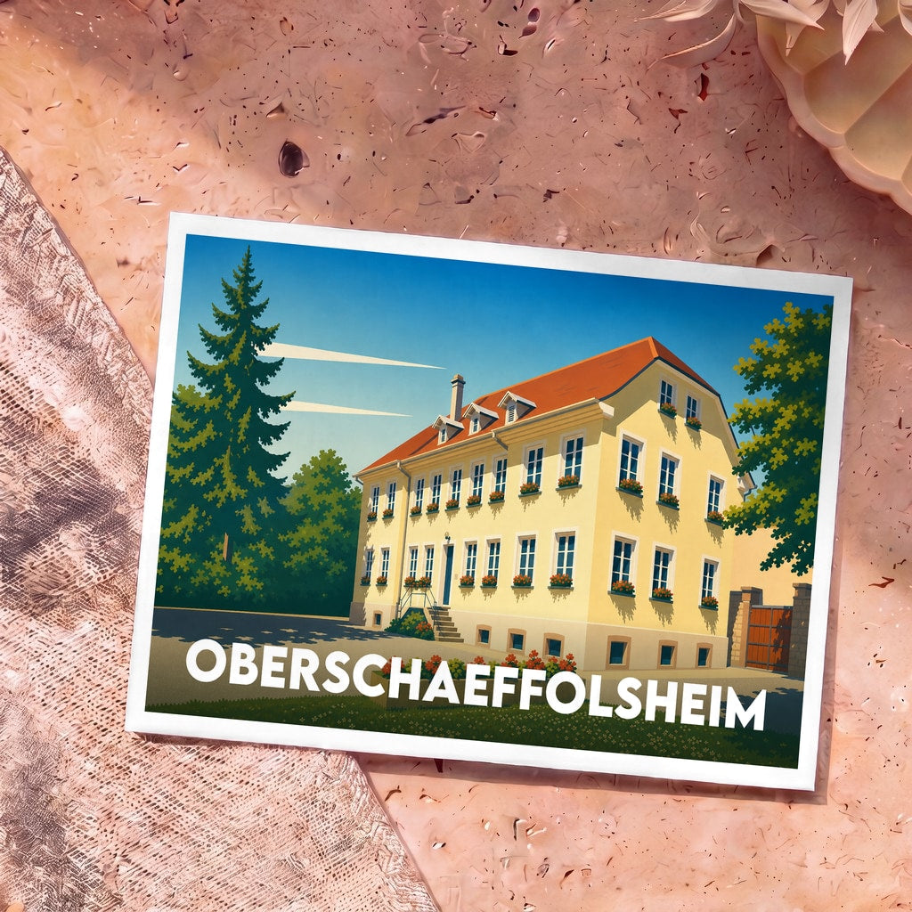 Carte postale souvenir de la ville d'Oberschaeffolsheim avec une illustration stylisée d'un bâtiment traditionnel alsacien.