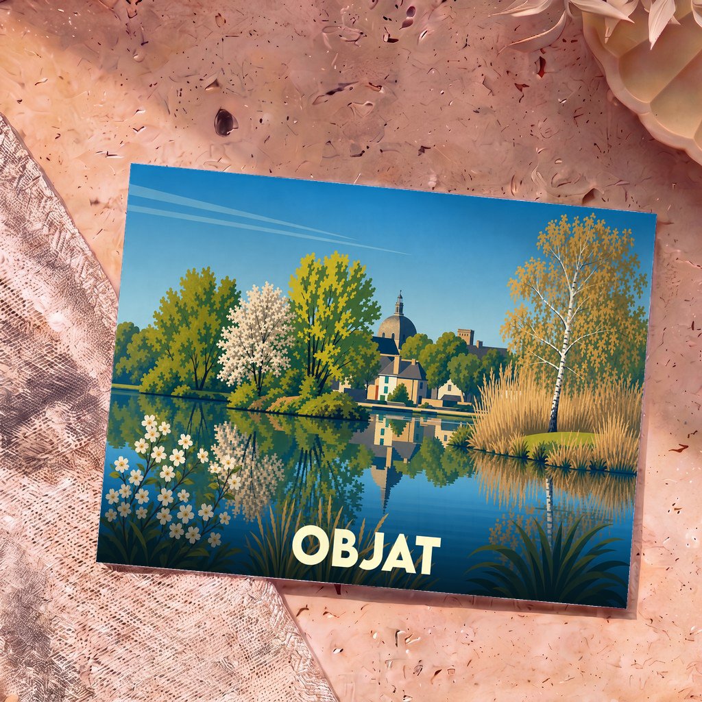 Carte postale souvenir de la ville d'Objat avec une illustration stylisée de son paysage au bord de l'eau.