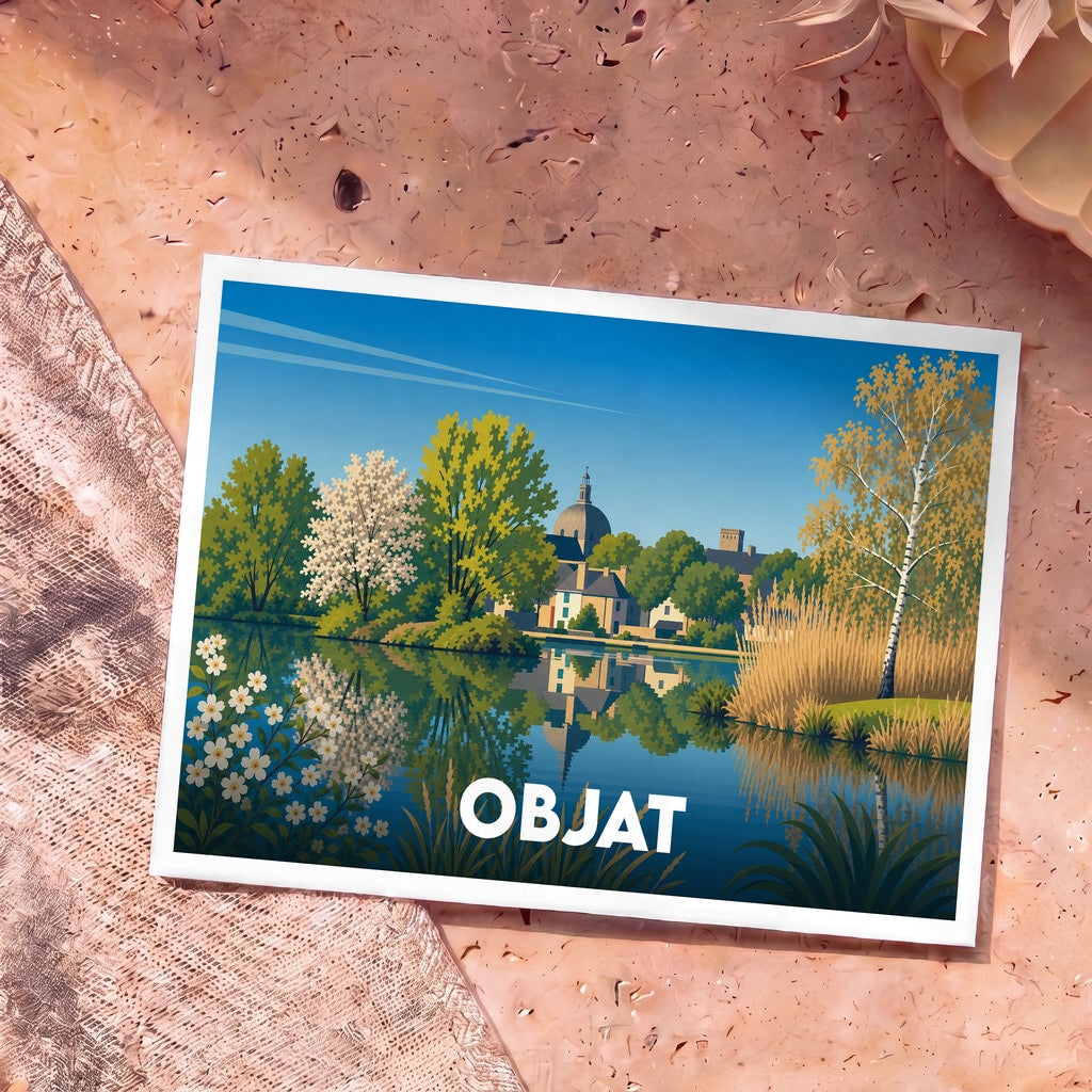 Carte postale souvenir de la ville d'Objat avec une illustration stylisée de son paysage au bord de l'eau.