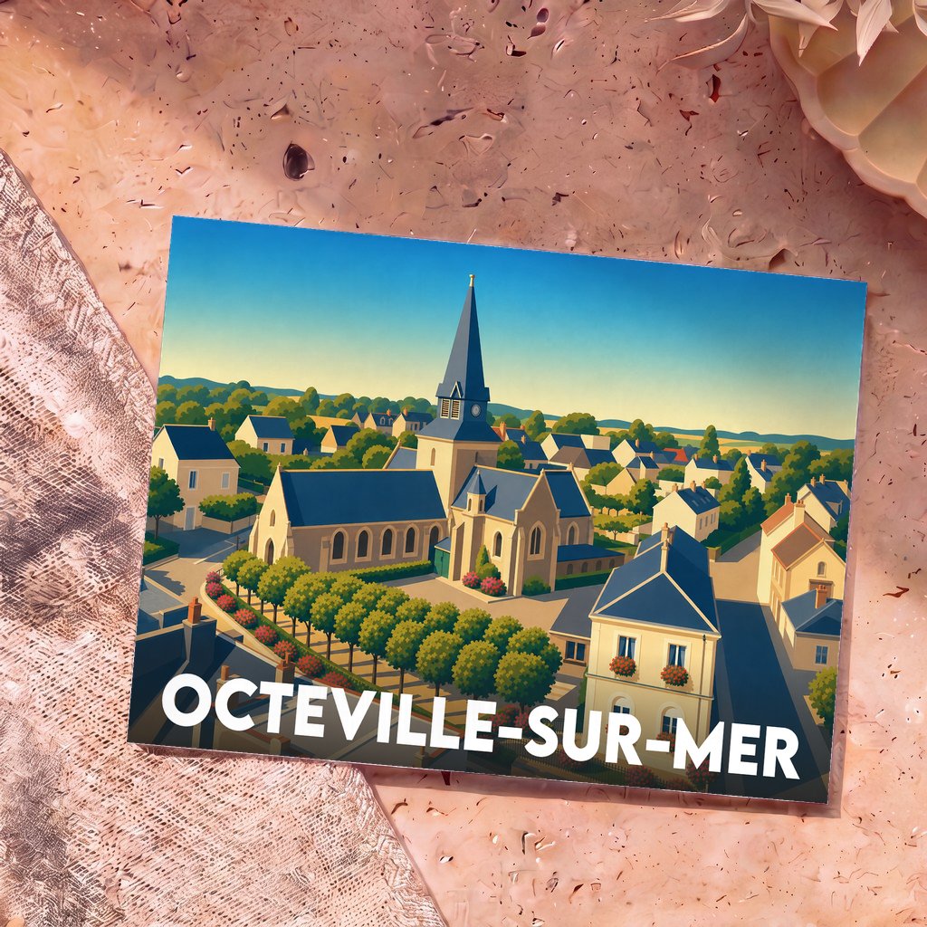 Carte postale souvenir de la ville d'Octeville-sur-Mer avec une illustration stylisée de son église et de ses maisons.