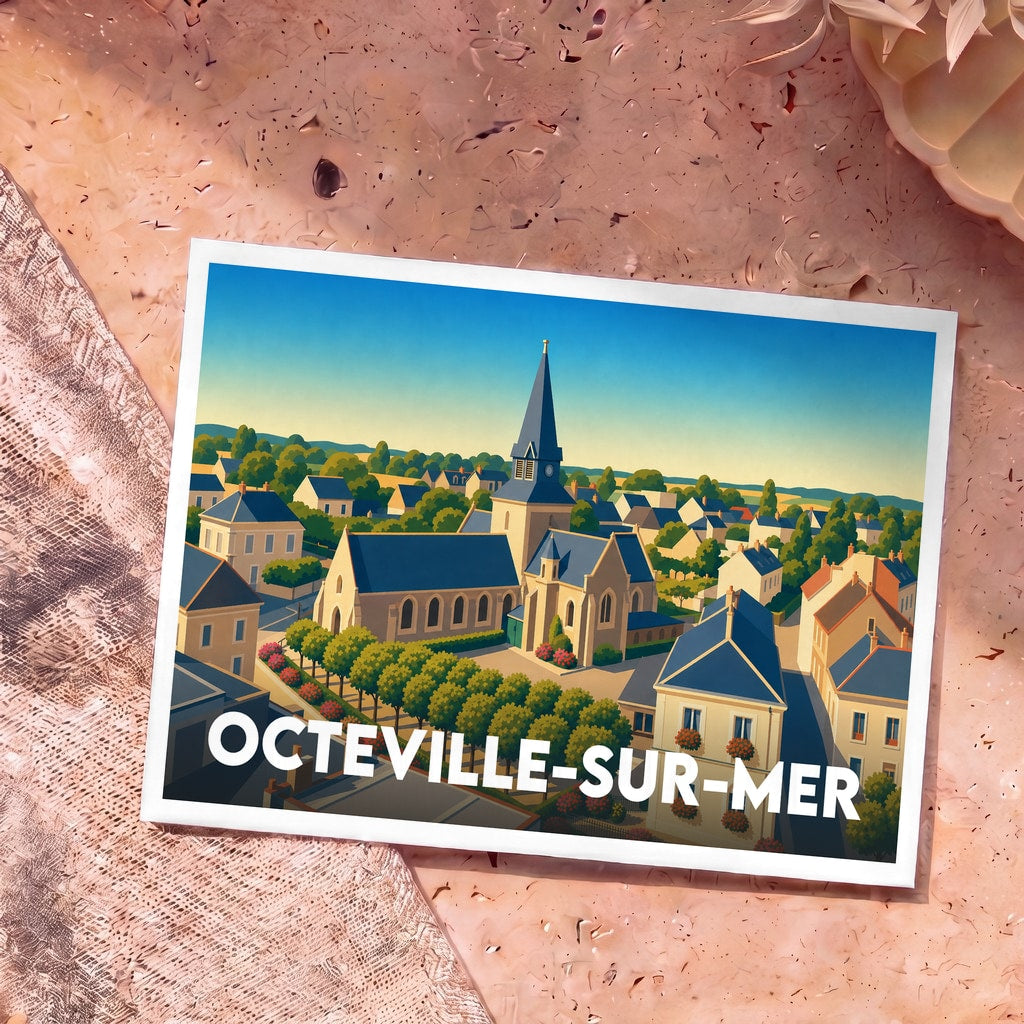 Carte postale souvenir de la ville d'Octeville-sur-Mer avec une illustration stylisée de son église et de ses maisons.
