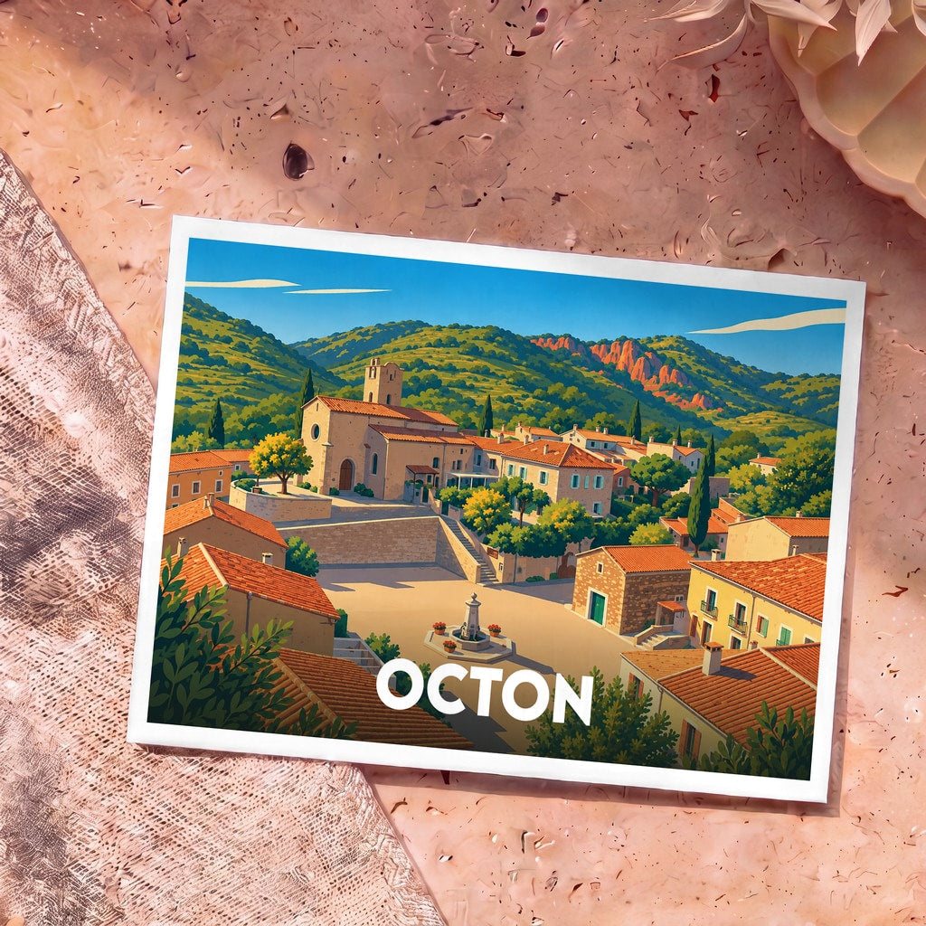 Carte postale souvenir de la ville d'Octon avec une illustration stylisée de son village ensoleillé.