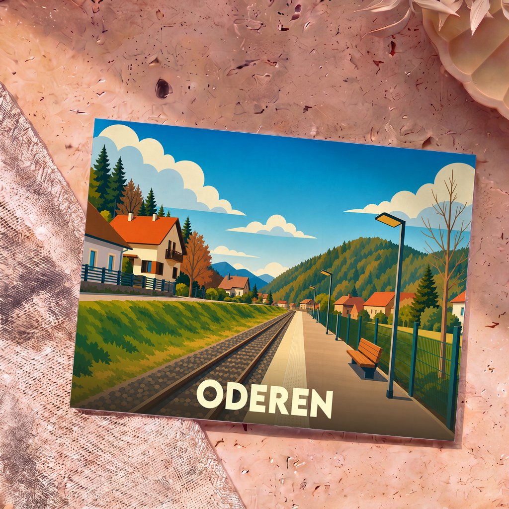 Carte postale souvenir de la ville d'Oderen avec une illustration stylisée d'une gare de montagne.