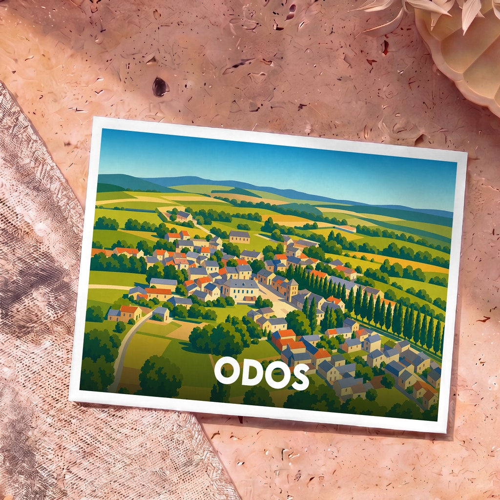 Carte postale souvenir de la ville d'Odos avec une illustration stylisée de ses paysages et habitations.