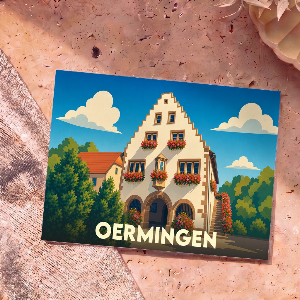 Carte postale souvenir de la ville de Oermingen avec une illustration stylisée d'une maison traditionnelle à colombages fleurie.