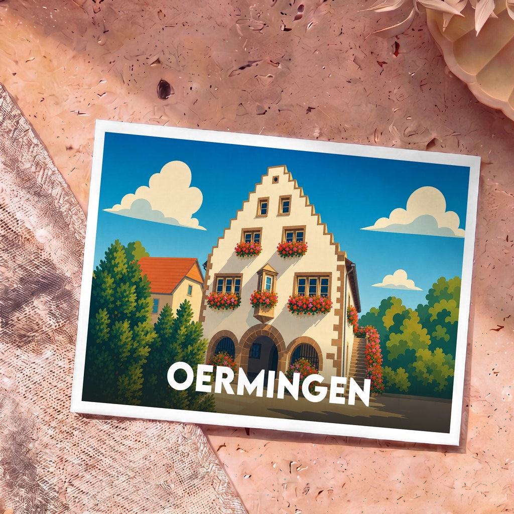 Carte postale souvenir de la ville de Oermingen avec une illustration stylisée d'une maison traditionnelle à colombages fleurie.