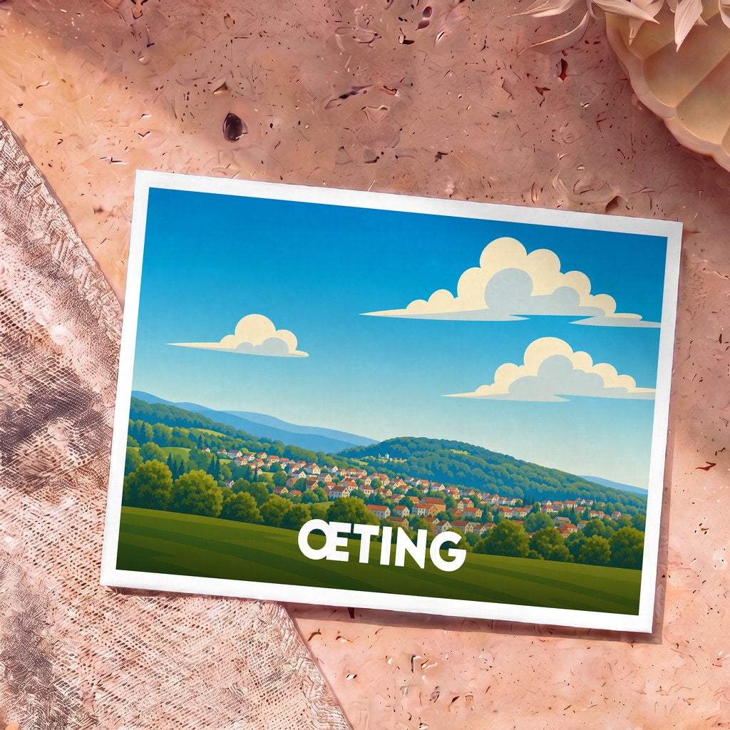 Carte postale souvenir de la ville de Œting avec une illustration stylisée de son paysage vallonné.