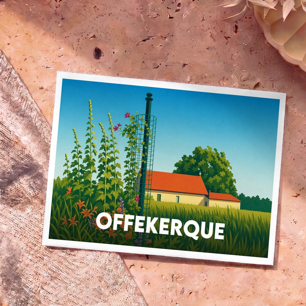 Carte postale souvenir de la ville de Offekerque avec une illustration stylisée et colorée d'un paysage rural.