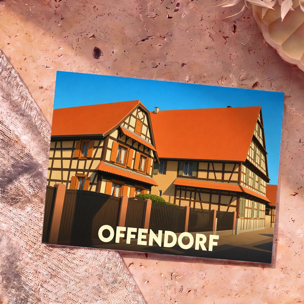 Carte postale souvenir de la ville d'Offendorf illustrant des maisons à colombages au style graphique épuré.