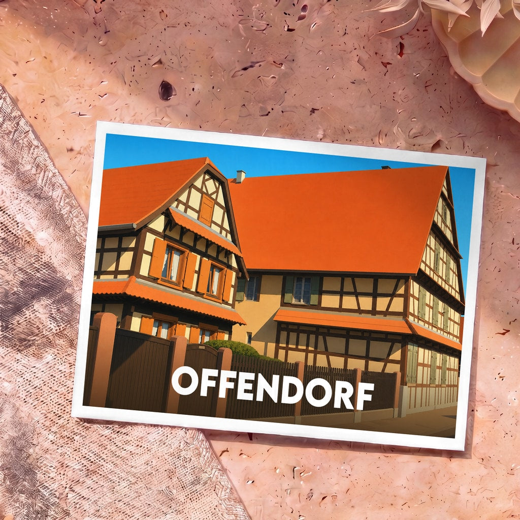 Carte postale souvenir de la ville d'Offendorf illustrant des maisons à colombages au style graphique épuré.