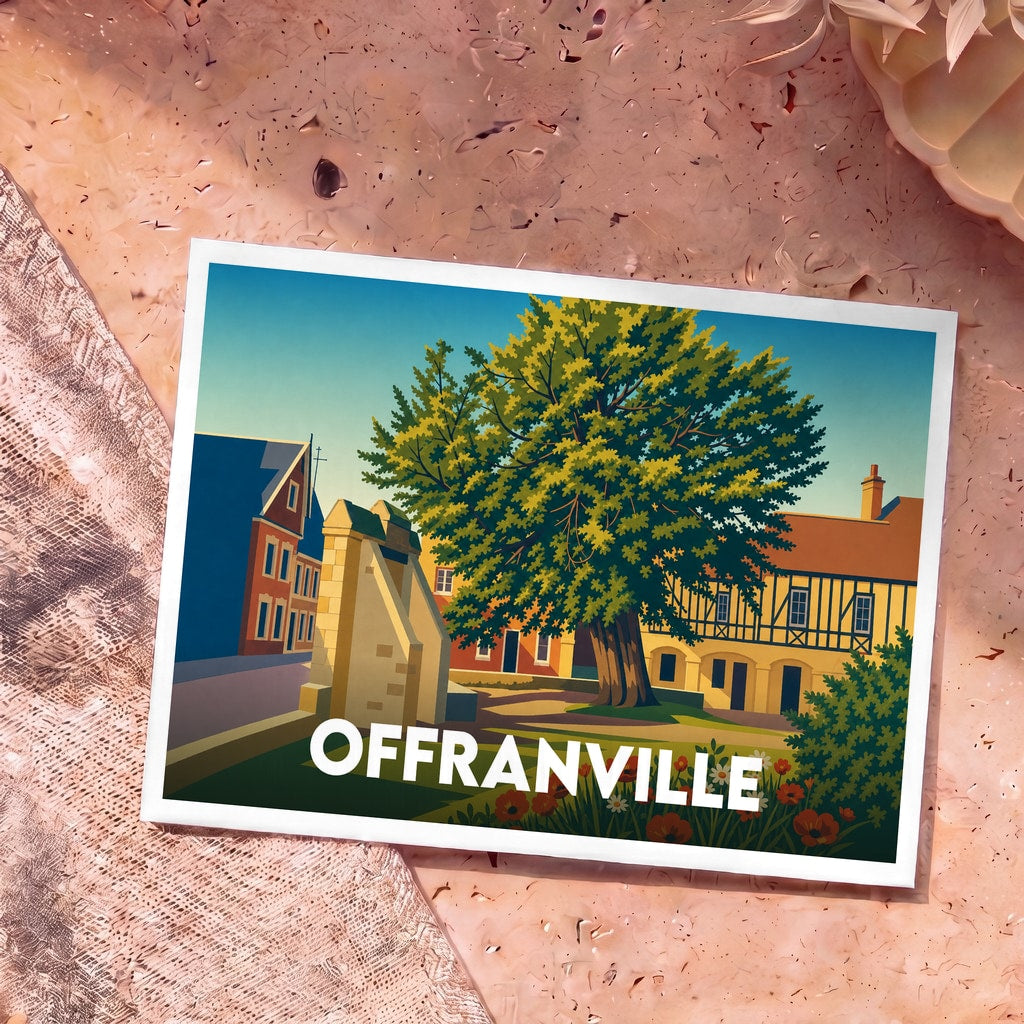 Carte postale souvenir de la ville d'Offranville avec une illustration stylisée représentant un grand arbre et des maisons traditionnelles.