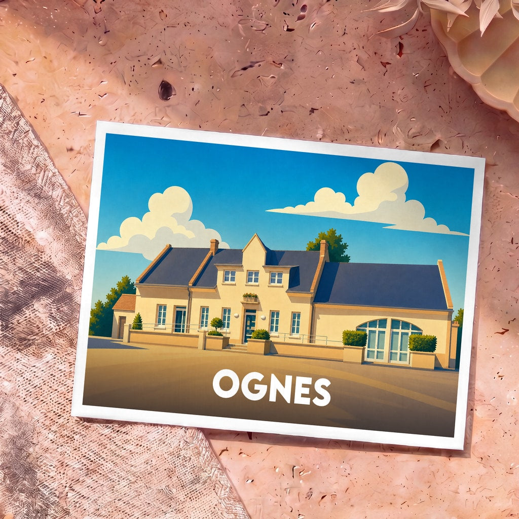 Carte postale souvenir de la ville d'Ognes avec une illustration stylisée d'une maison traditionnelle sous un ciel bleu.