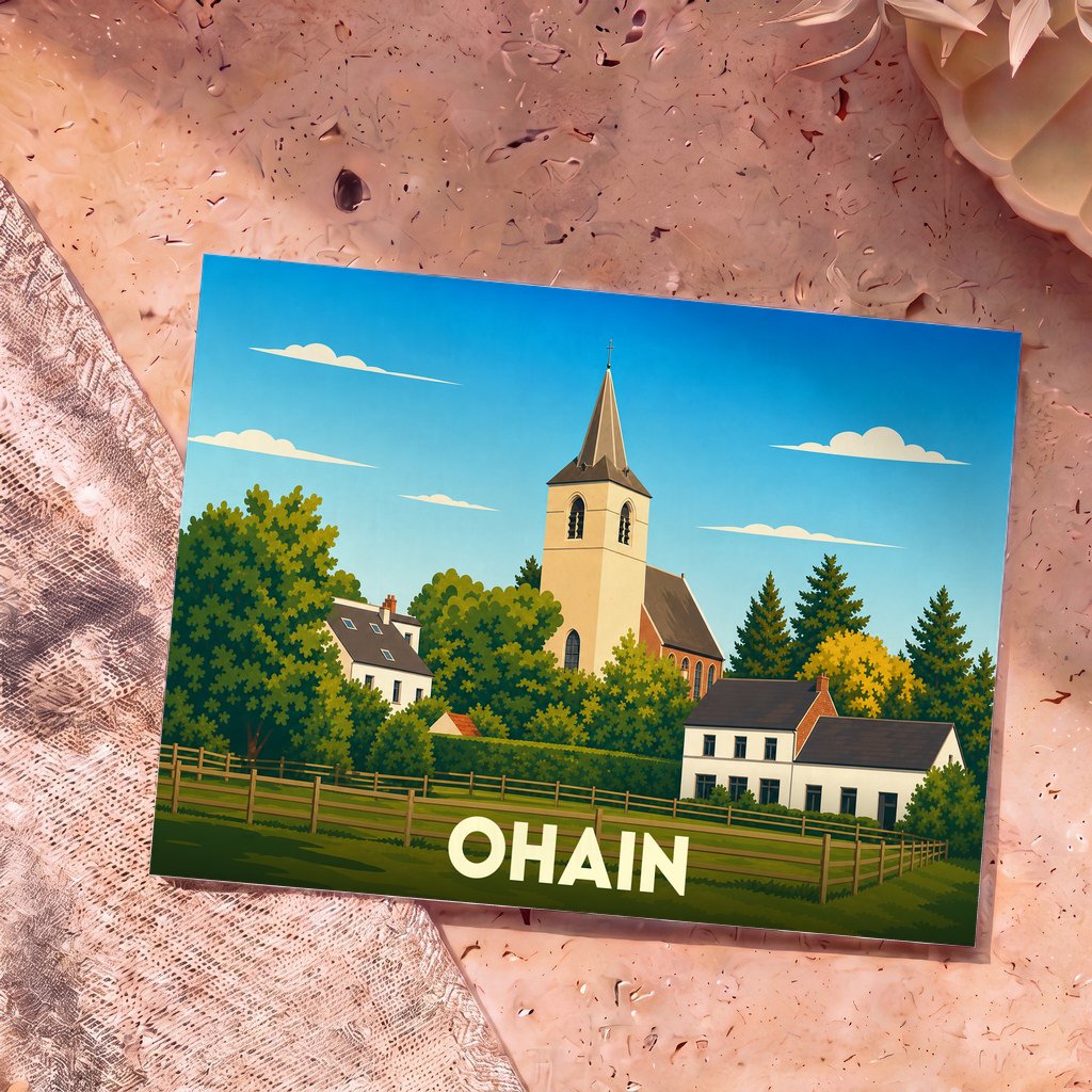 Carte postale souvenir de la ville d'Ohain avec une illustration stylisée d'une église et de maisons de village.