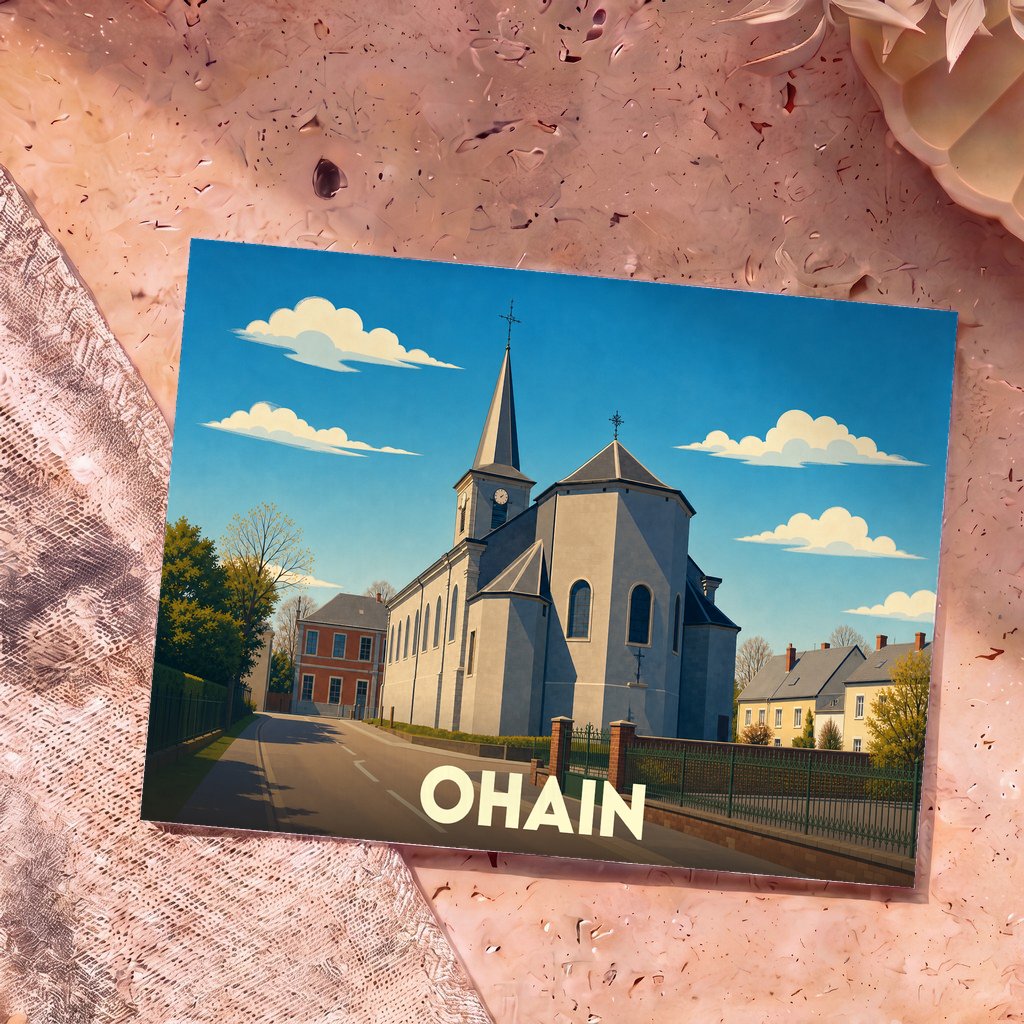 Carte postale souvenir de la ville d'Ohain avec une illustration stylisée de son église sous un ciel bleu.