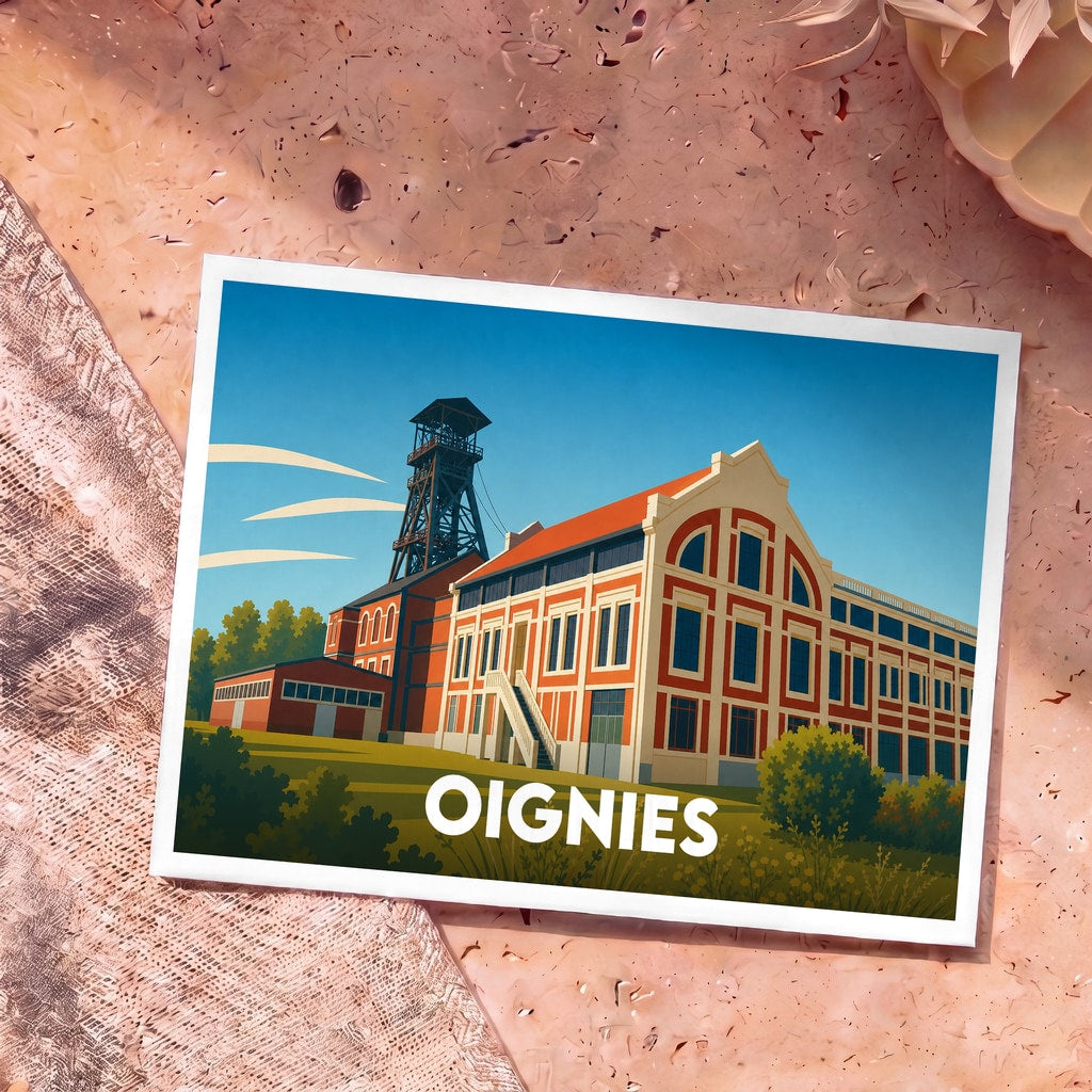 Carte postale souvenir de la ville de Oignies représentant une illustration stylisée d'un ancien site minier.