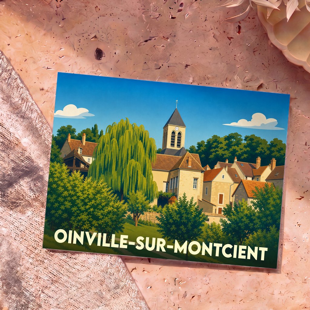 Carte postale souvenir de la ville de Oinville-sur-Montcient avec une illustration stylisée.