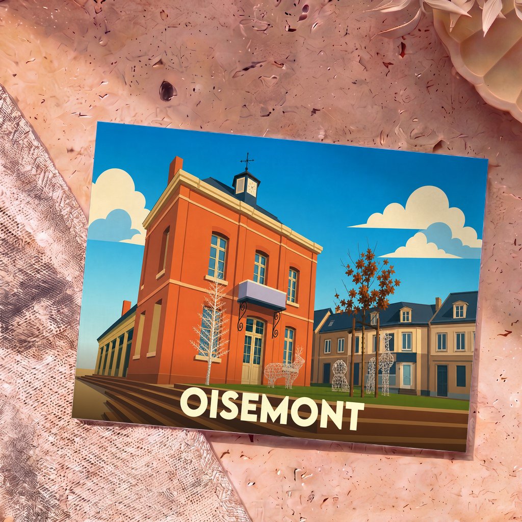 Carte postale souvenir de la ville de Oisemont avec une illustration stylisée de son hôtel de ville.