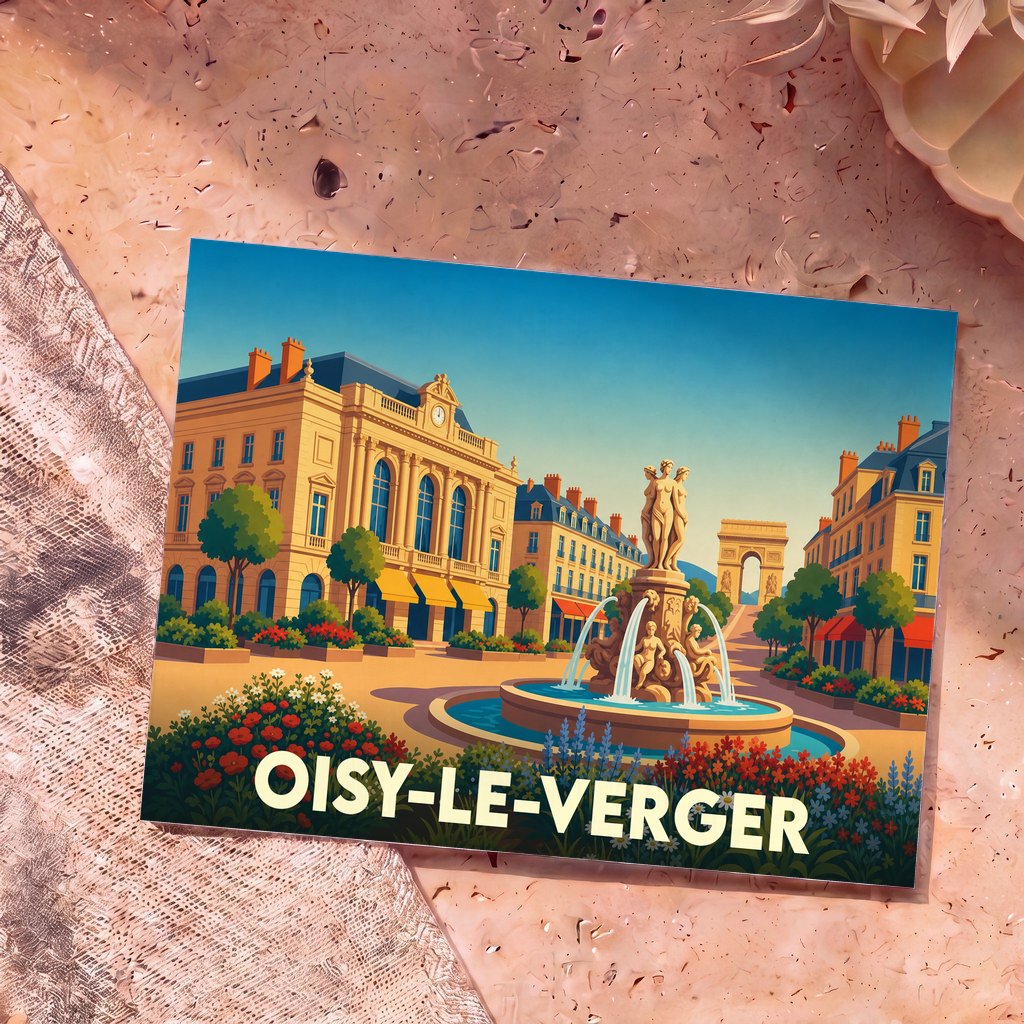 Carte postale souvenir de la ville de Oisy-le-Verger avec une illustration stylisée d'une place ensoleillée.
