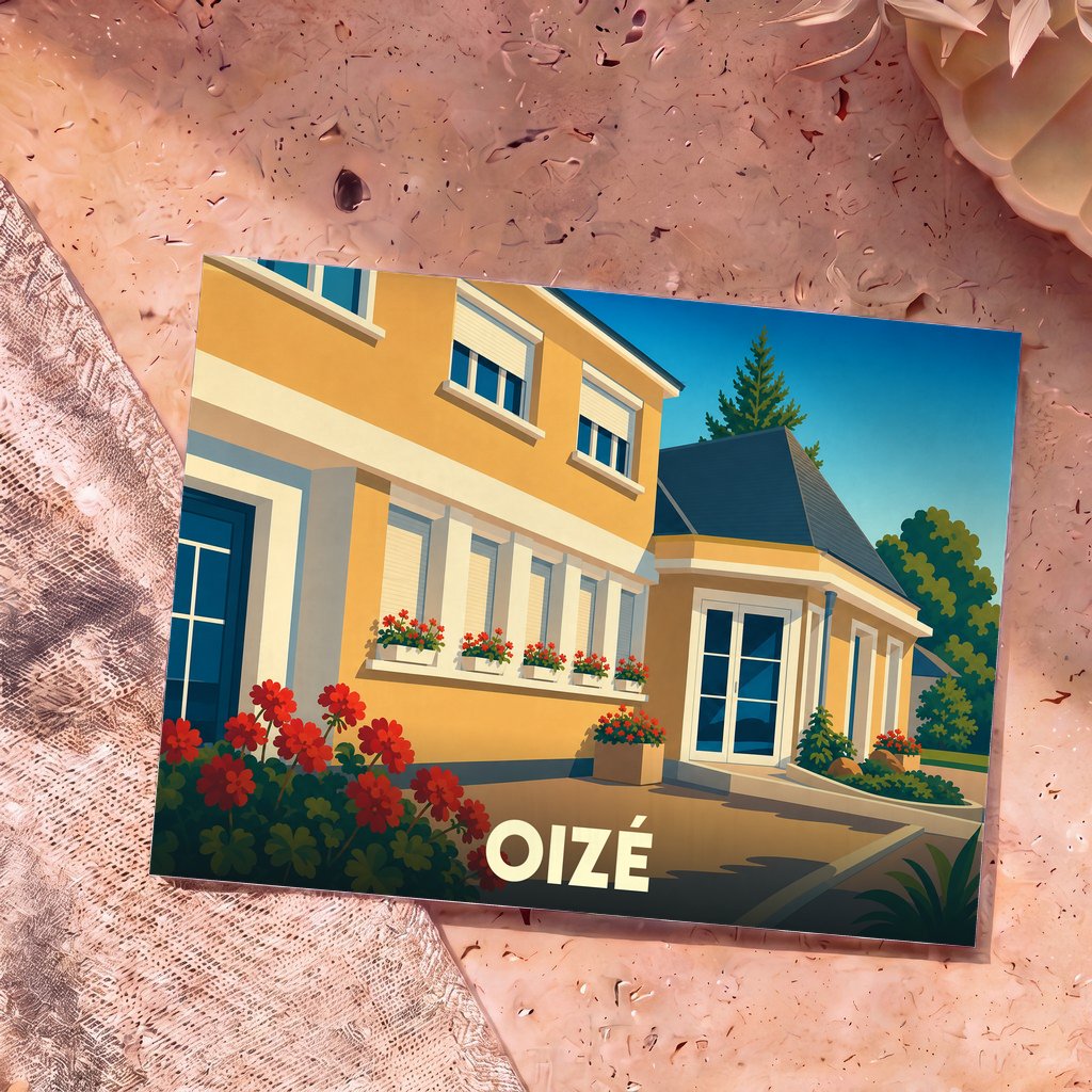 Carte postale souvenir de la ville de Oizé illustrant une maison colorée avec des fleurs dans un style graphique épuré.