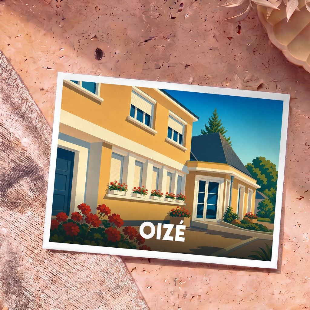 Carte postale souvenir de la ville de Oizé illustrant une maison colorée avec des fleurs dans un style graphique épuré.