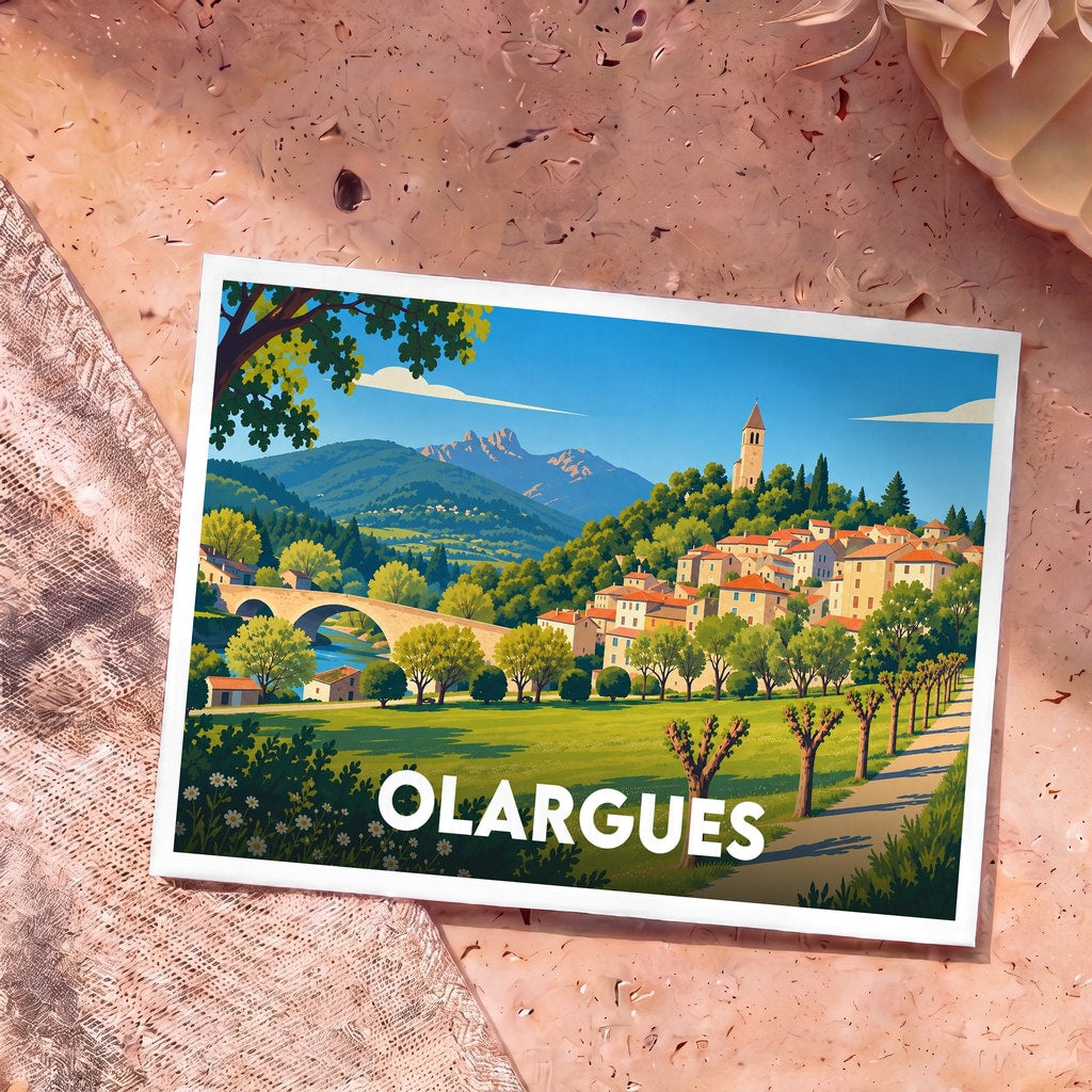Carte postale souvenir de la ville d'Olargues avec une illustration stylisée de son pont médiéval et de son église nichés dans un paysage montagneux.