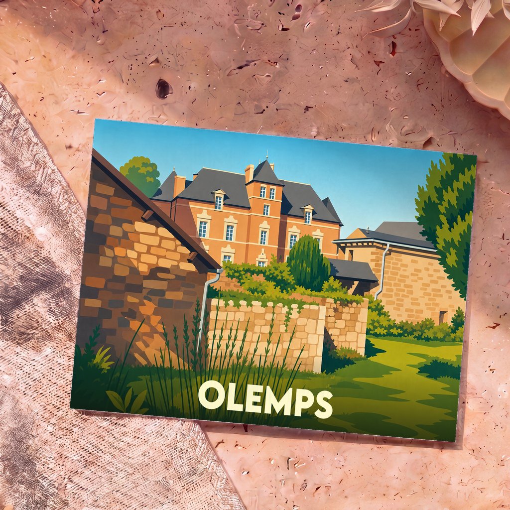 Carte postale souvenir de la ville d'Olemps avec une illustration stylisée de son patrimoine architectural.