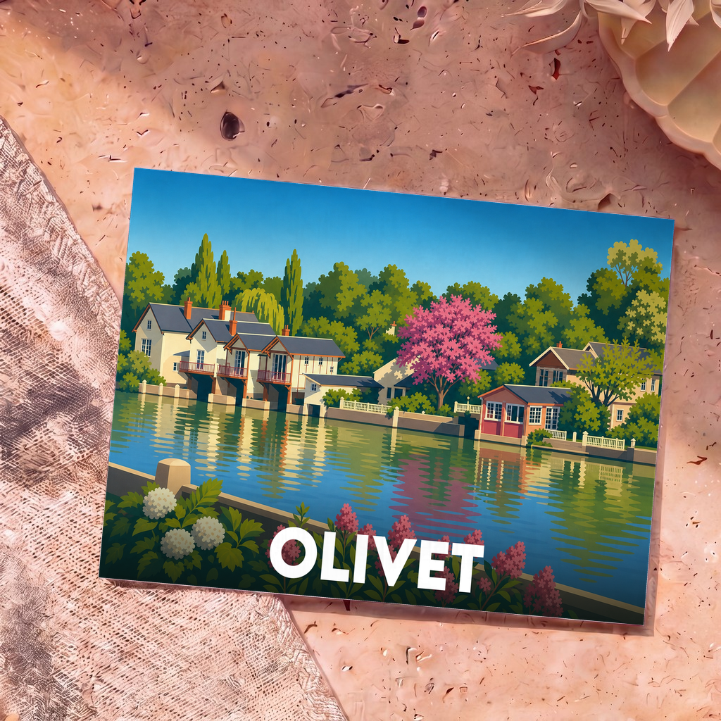 Carte postale souvenir de la ville d'Olivet avec une illustration stylisée de maisons au bord du Loiret.