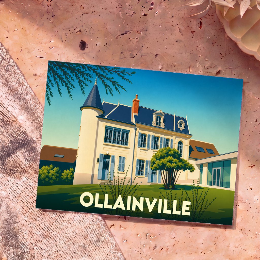 Carte postale souvenir de la ville d'Ollainville illustrant une grande demeure bourgeoise de style classique.