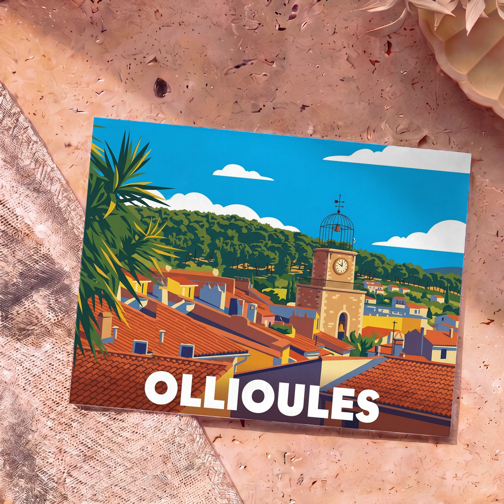 Carte postale souvenir de la ville d'Ollioules illustrant son clocher typique et ses toits ensoleillés dans un style graphique épuré.