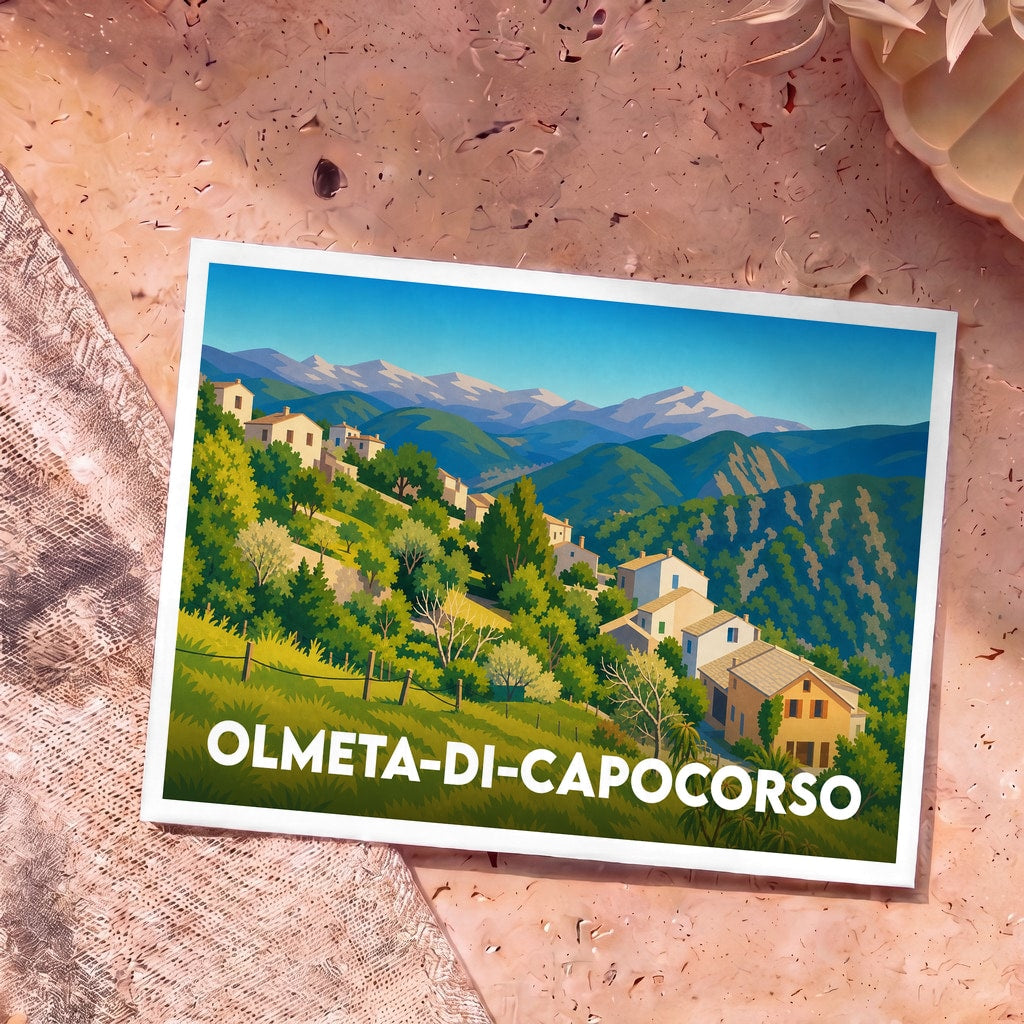 Carte postale souvenir de la ville d'Olmeta-di-Capocorso avec une illustration stylisée de son paysage montagneux.