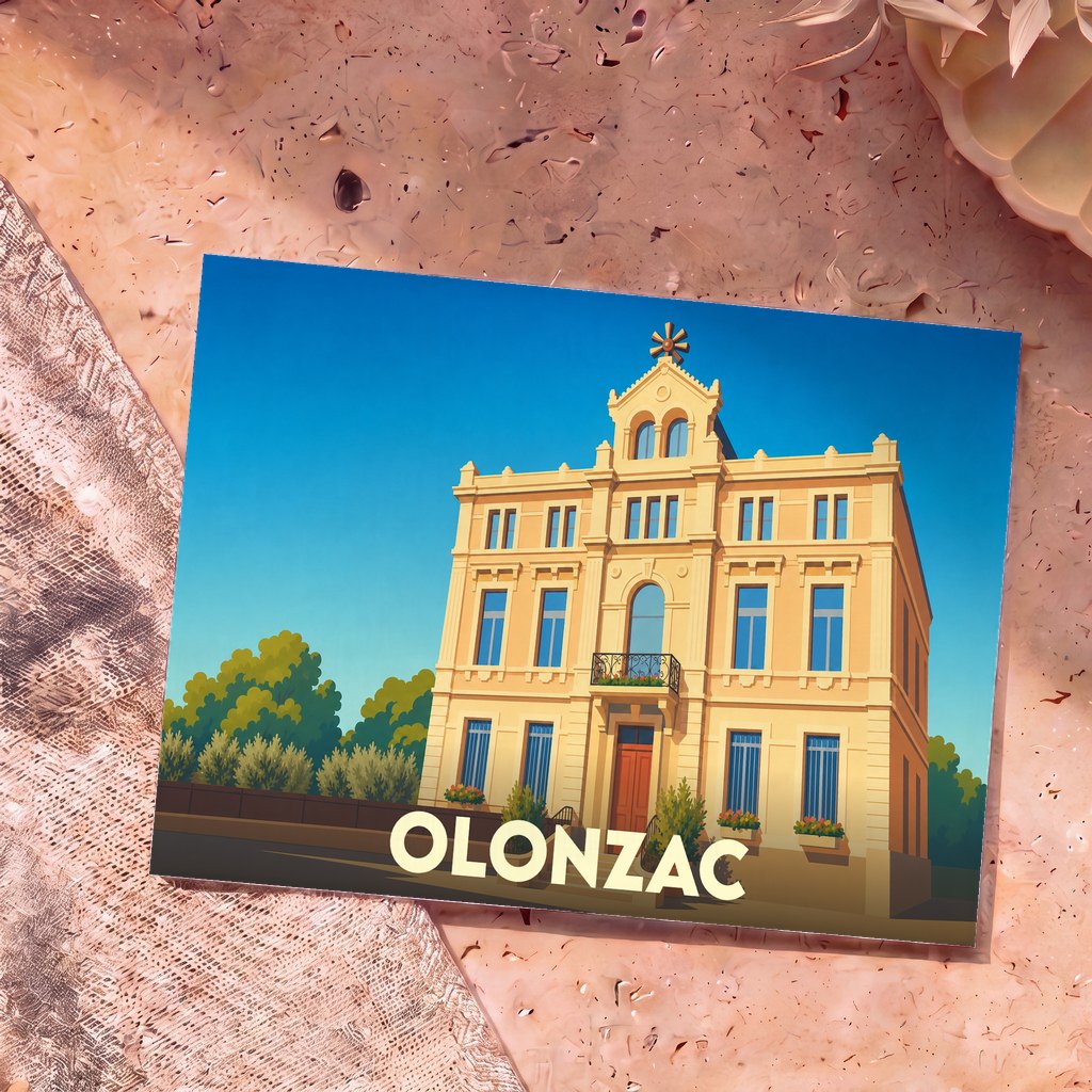 Carte postale souvenir de la ville d'Olonzac avec une illustration stylisée d'un bâtiment remarquable.