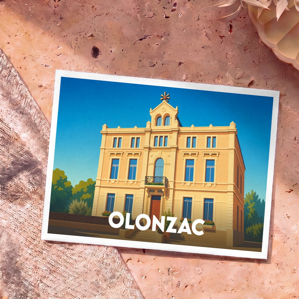 Carte postale souvenir de la ville d'Olonzac avec une illustration stylisée d'un bâtiment remarquable.