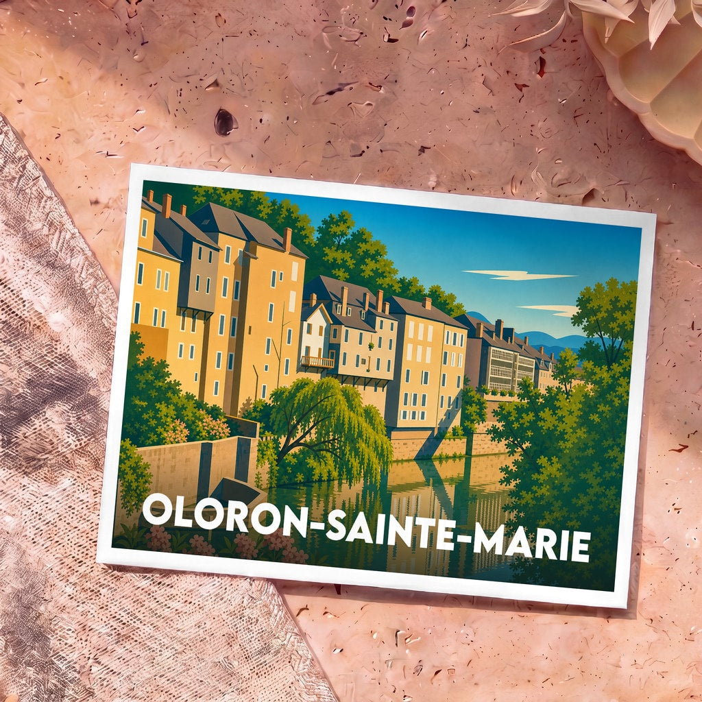 Carte postale souvenir d'Oloron-Sainte-Marie illustrant ses maisons typiques au bord de l'eau dans un style graphique et coloré.