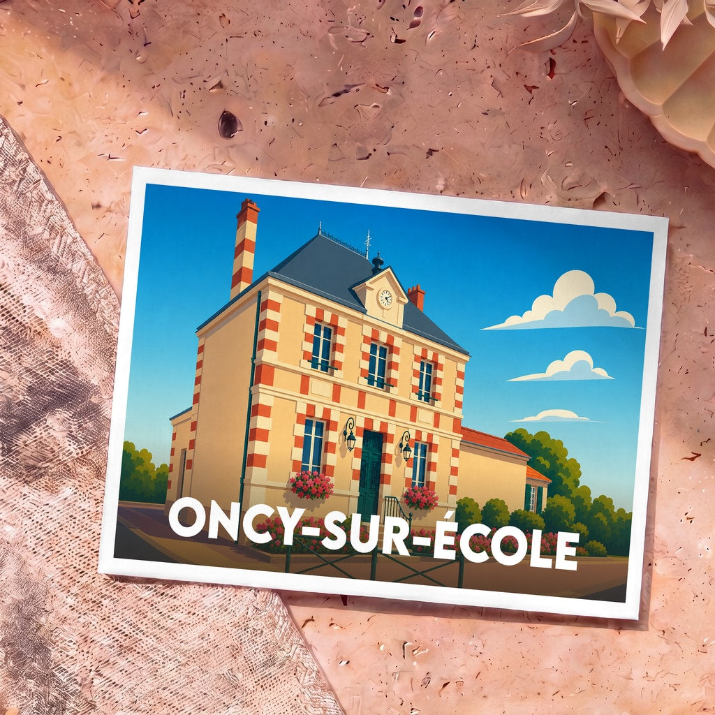 Carte postale souvenir de la ville de Oncy-sur-École avec une illustration stylisée de sa mairie.