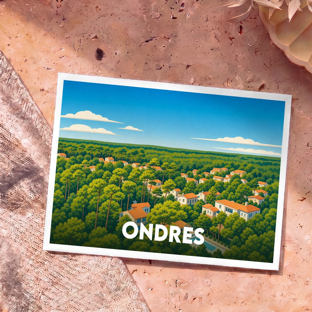 Carte postale souvenir de la ville d'Ondres illustrant des maisons nichées au cœur d'une forêt de pins sous un ciel bleu.