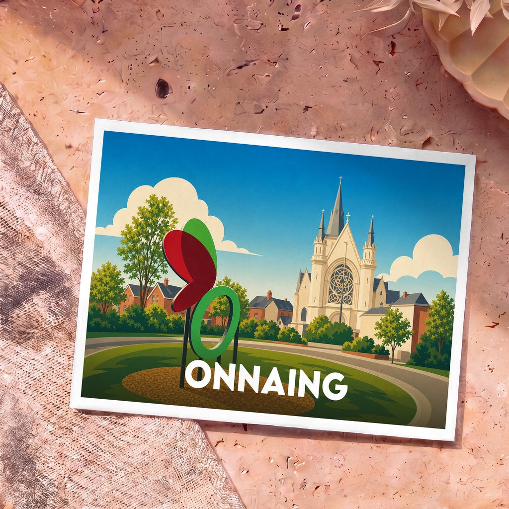 Carte postale souvenir de la ville de Onnaing avec une illustration stylisée montrant l'église et un monument coloré.