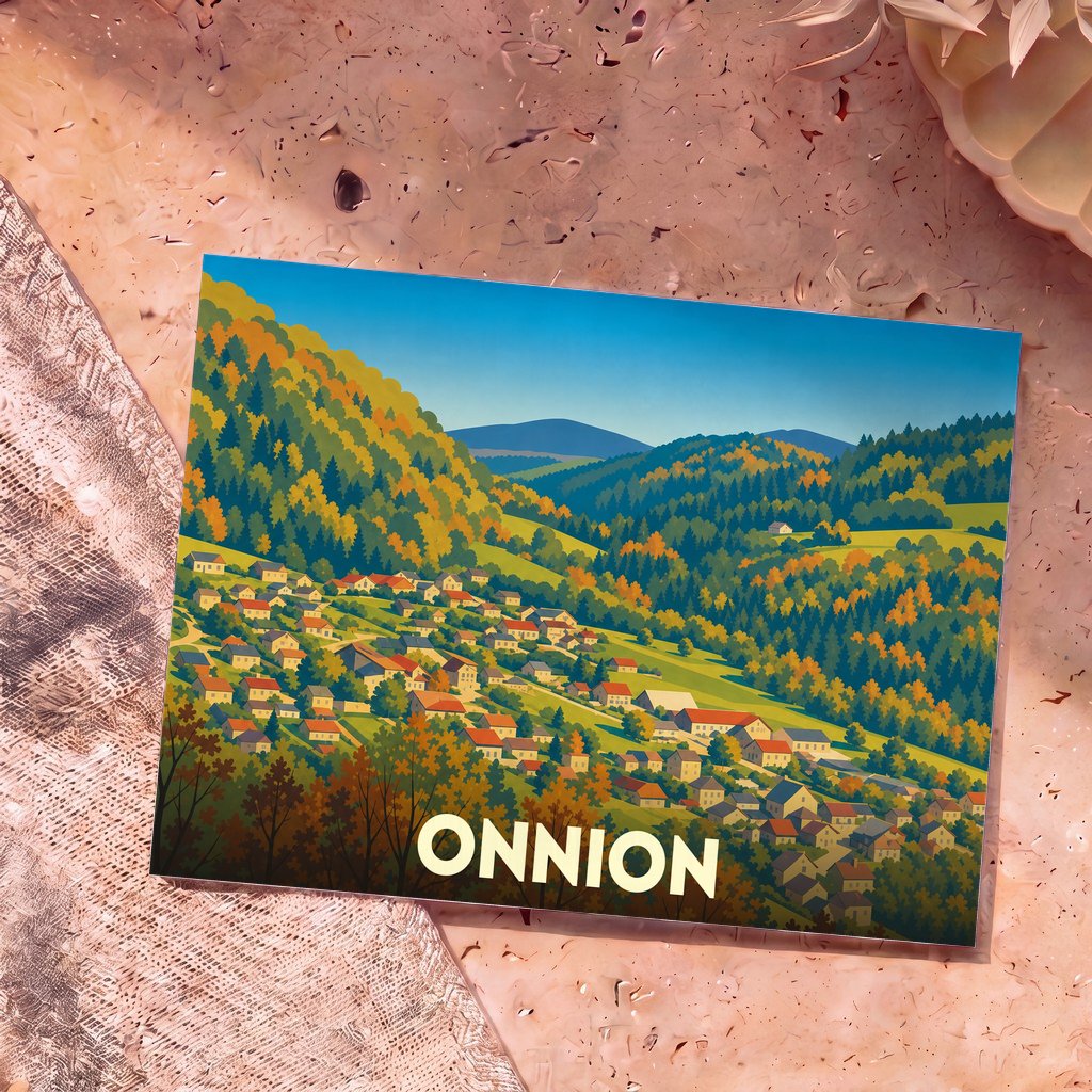 Carte postale souvenir de la ville d'Onnion avec une illustration stylisée d'un village de montagne en automne.