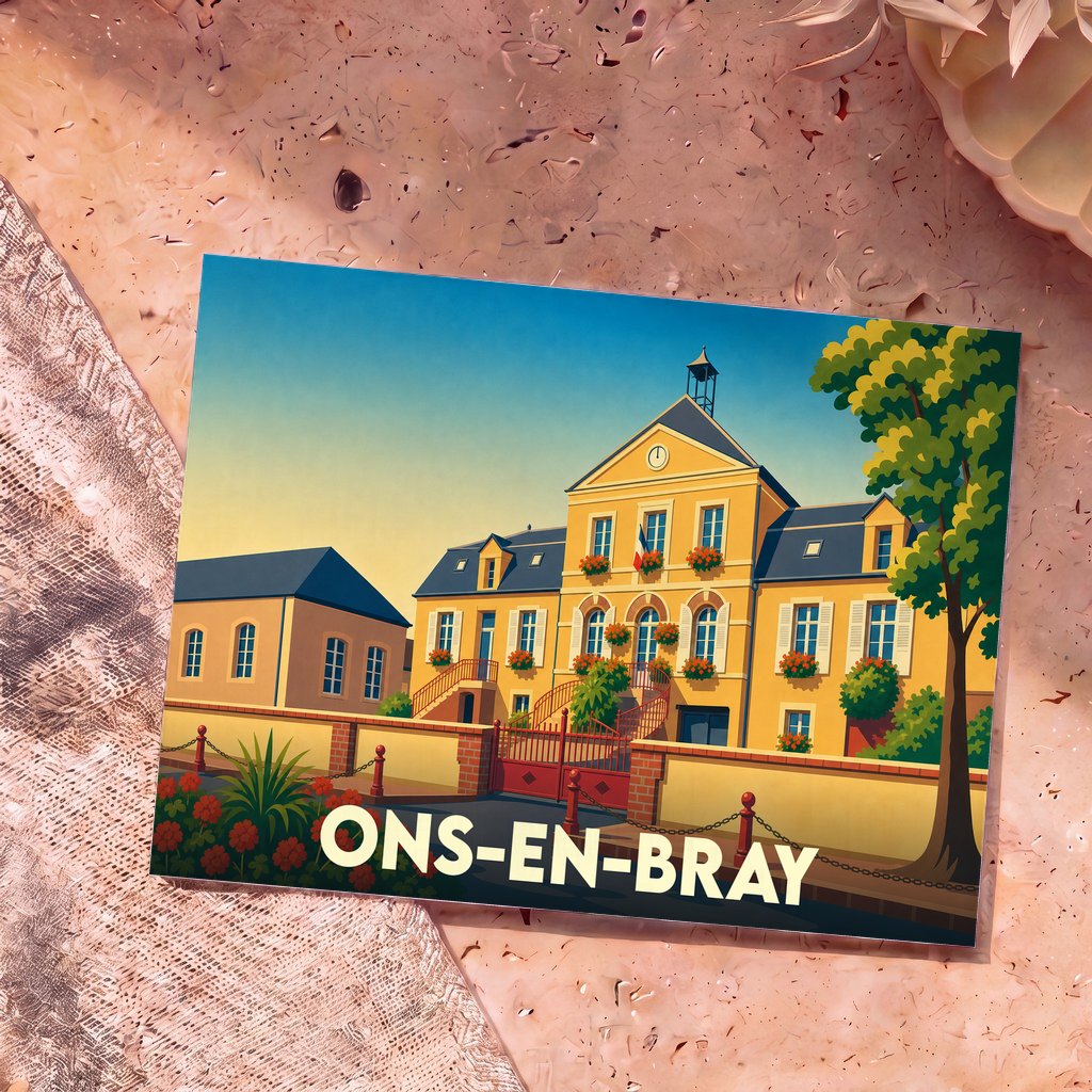 Carte postale souvenir de la ville de Ons-en-Bray avec une illustration stylisée de sa mairie.